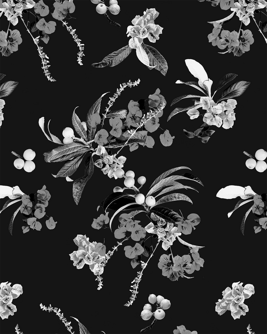 Wallpaper Floral Loquat by Samantha Santana Creative in black and white with leaves on Tampa Home & Garden Store