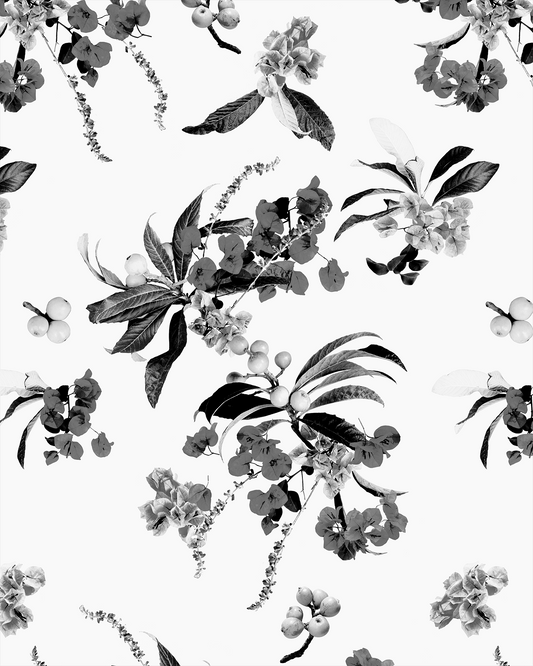 Wallpaper Floral Loquat pattern in black and white with botanical leaves and berries on Tampa Home & Garden Store