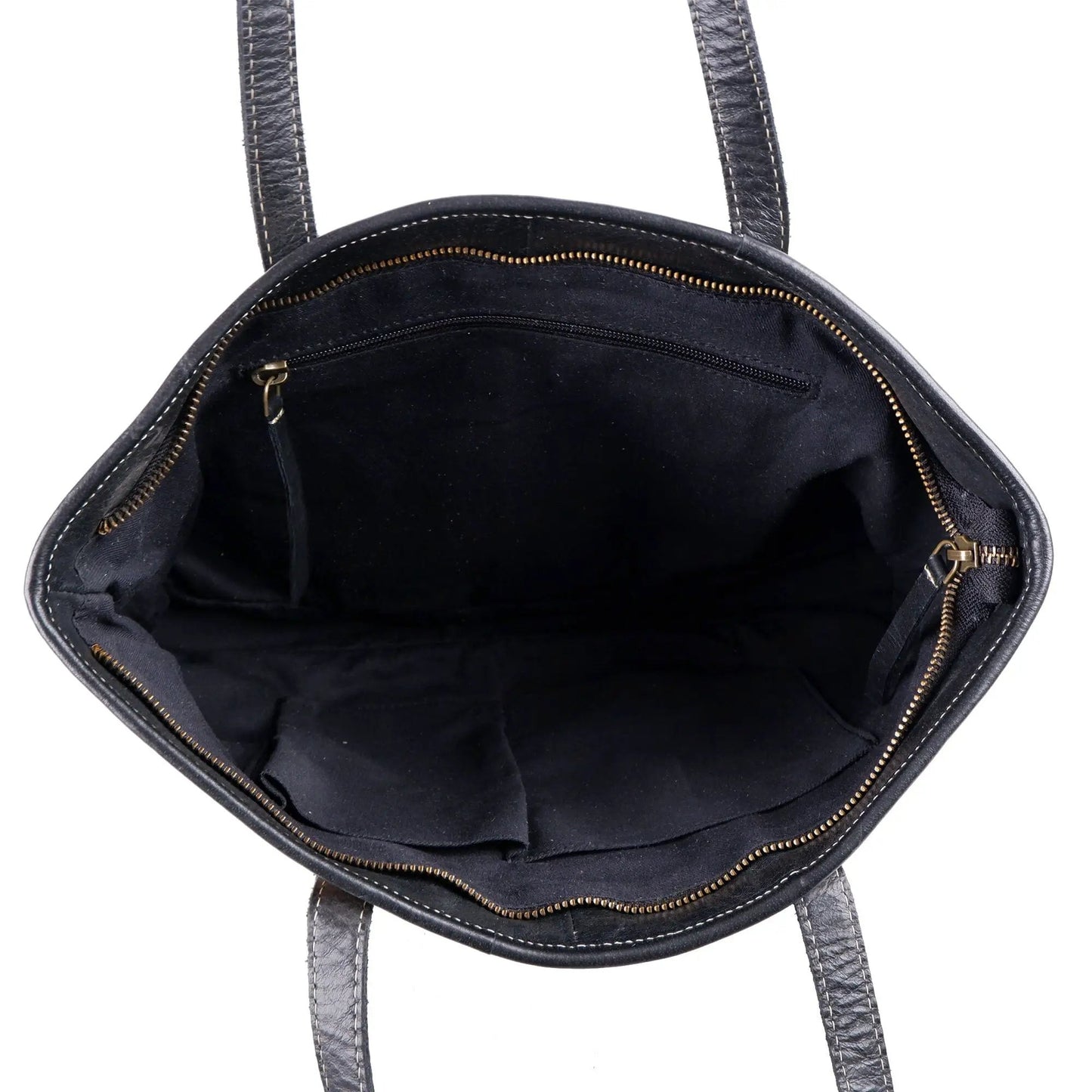 Blake Cowhide Tote Bag black leather handbag with gold zipper and stitched dual straps on Tampa Home & Garden Store