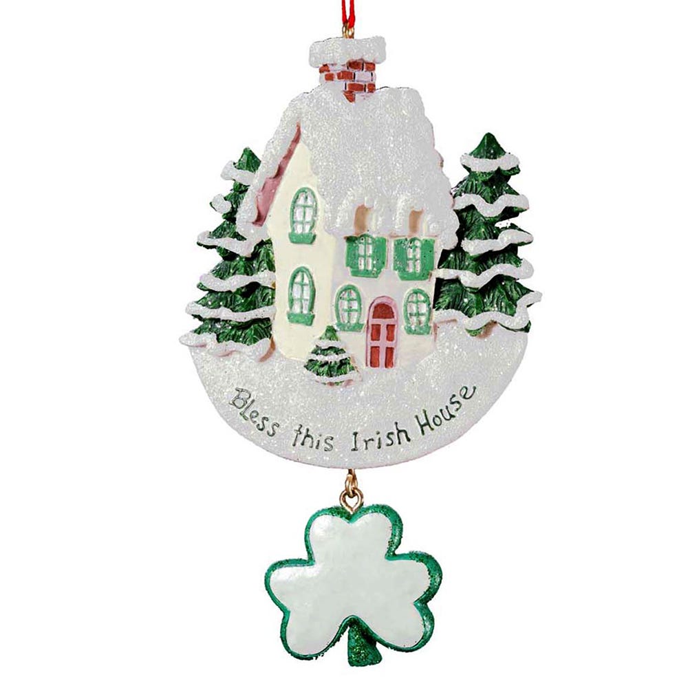 Bless This Irish House ornament Kurt Adler snow-covered cottage with green shamrock pendant on Tampa Home & Garden Store