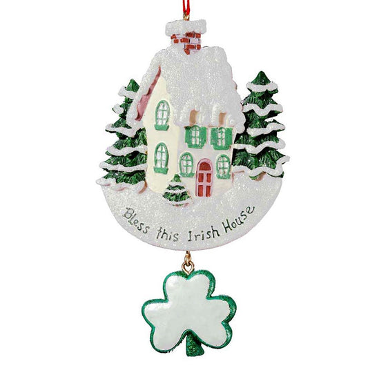 Bless This Irish House ornament Kurt Adler snow-covered cottage with green shamrock pendant on Tampa Home & Garden Store