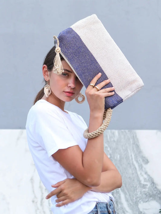 Block a Clutch Blue Macrame Pouch with beige rope handle KORISSA on Tampa Home & Garden Store