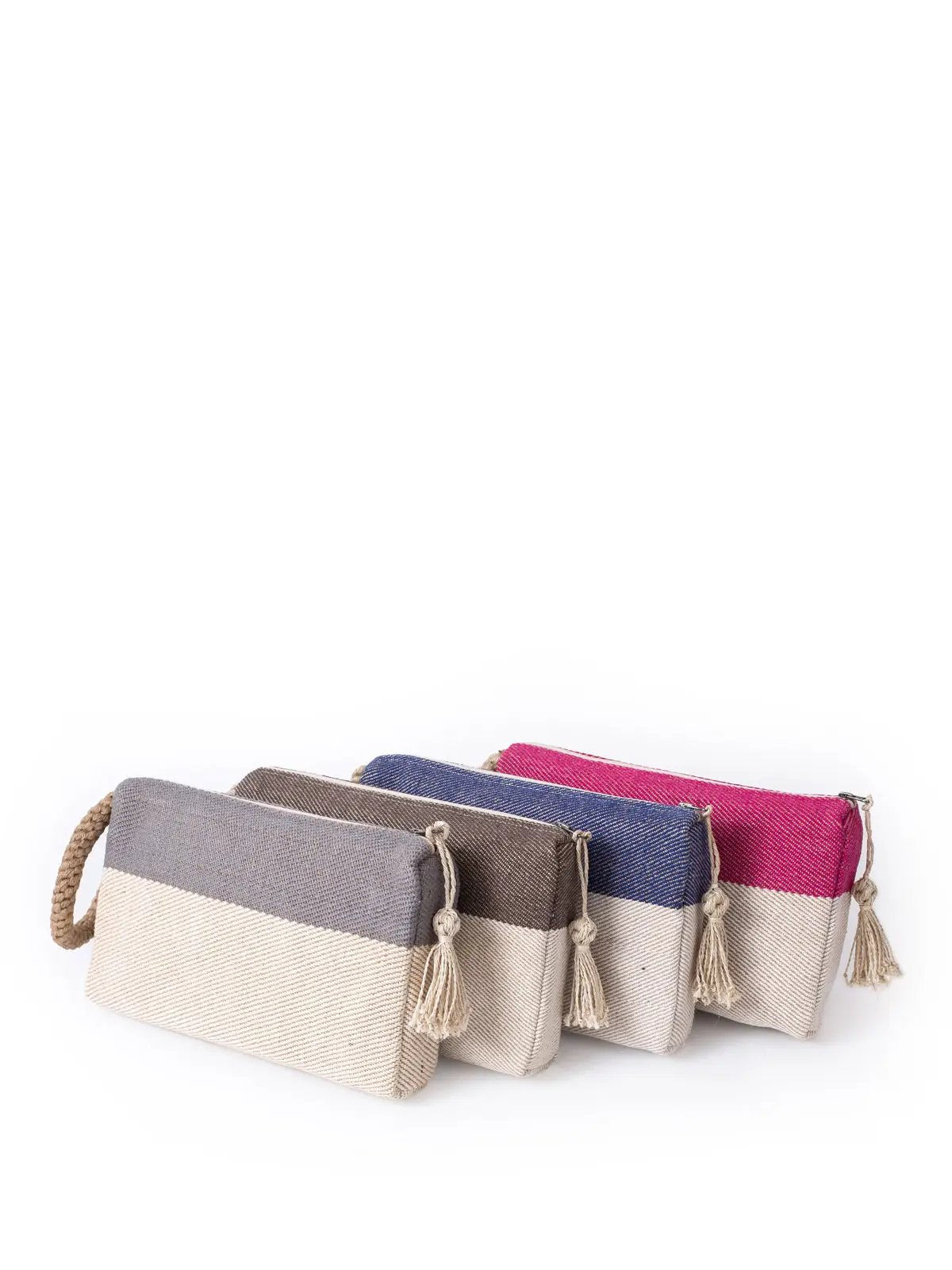 Block a Clutch Brown oversize macrame handle pouch set, 4 color-blocked clutches with tassels on Tampa Home & Garden Store