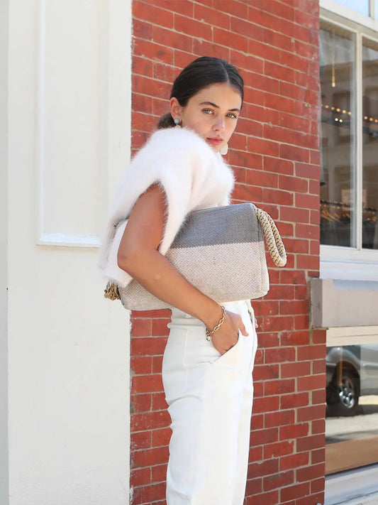 Block a Gray Macrame Clutch with Zipper Closure, woven texture, rope strap on Tampa Home & Garden Store
