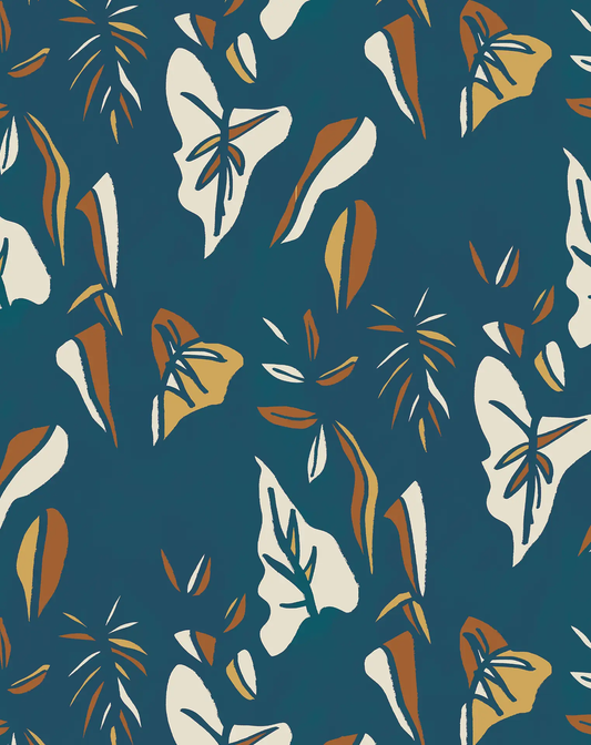 Block Print Foliage Wallpaper blue with cream and rust motifs Samantha Santana Creative on Tampa Home & Garden Store