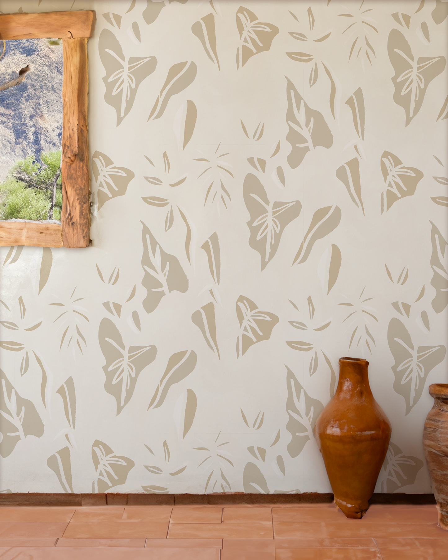 Block Print Foliage Wallpaper, off-white and tan - Tampa Home & Garden Store