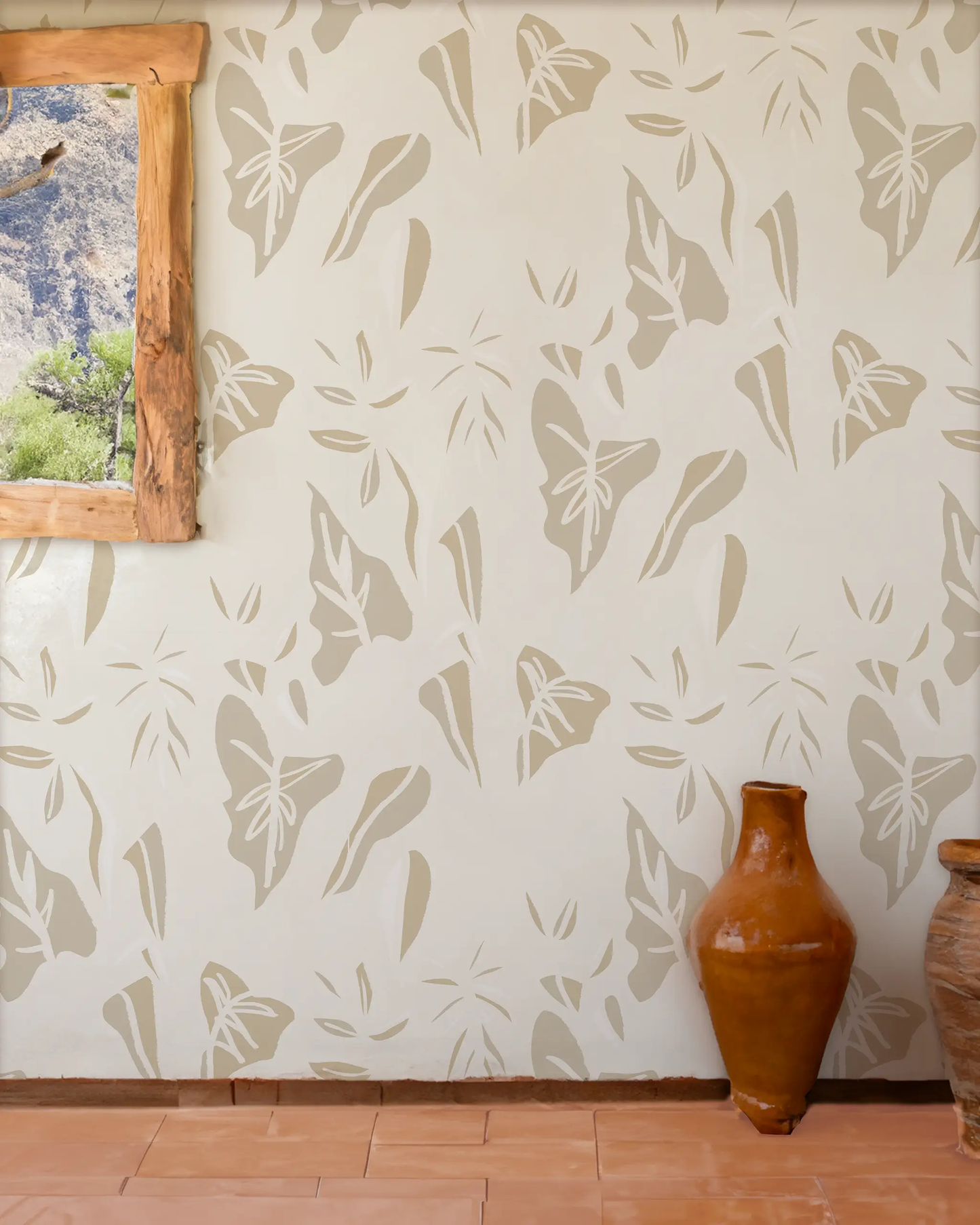 Block Print Foliage Wallpaper off-white and tan by Samantha Santana Creative on Tampa Home & Garden Store