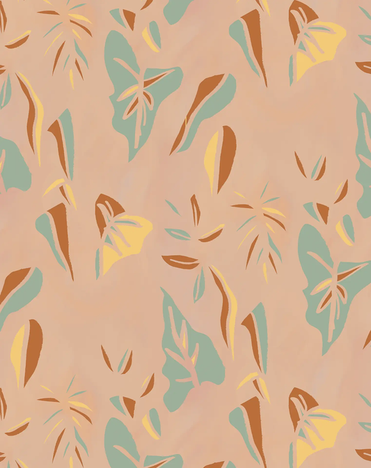 Block Print Foliage Wallpaper peach and mint with brown and yellow accents on Tampa Home & Garden Store
