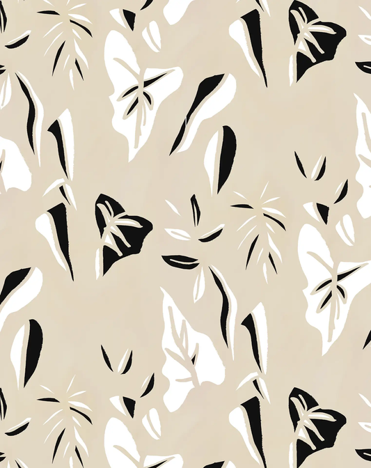 Block Print Foliage Wallpaper tan and black on beige background with white leaf shapes on Tampa Home & Garden Store