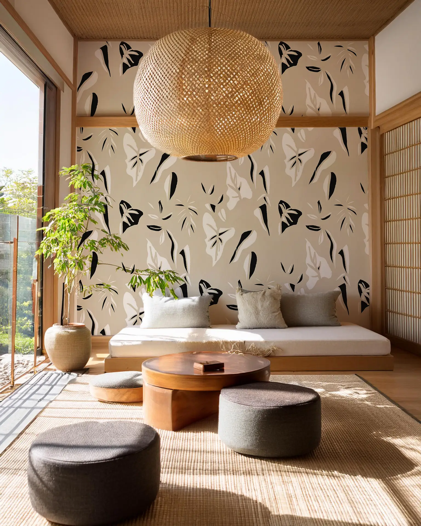 Block Print Foliage Wallpaper Tan/Black by Samantha Santana Creative, botanical pattern on wall on Tampa Home & Garden Store