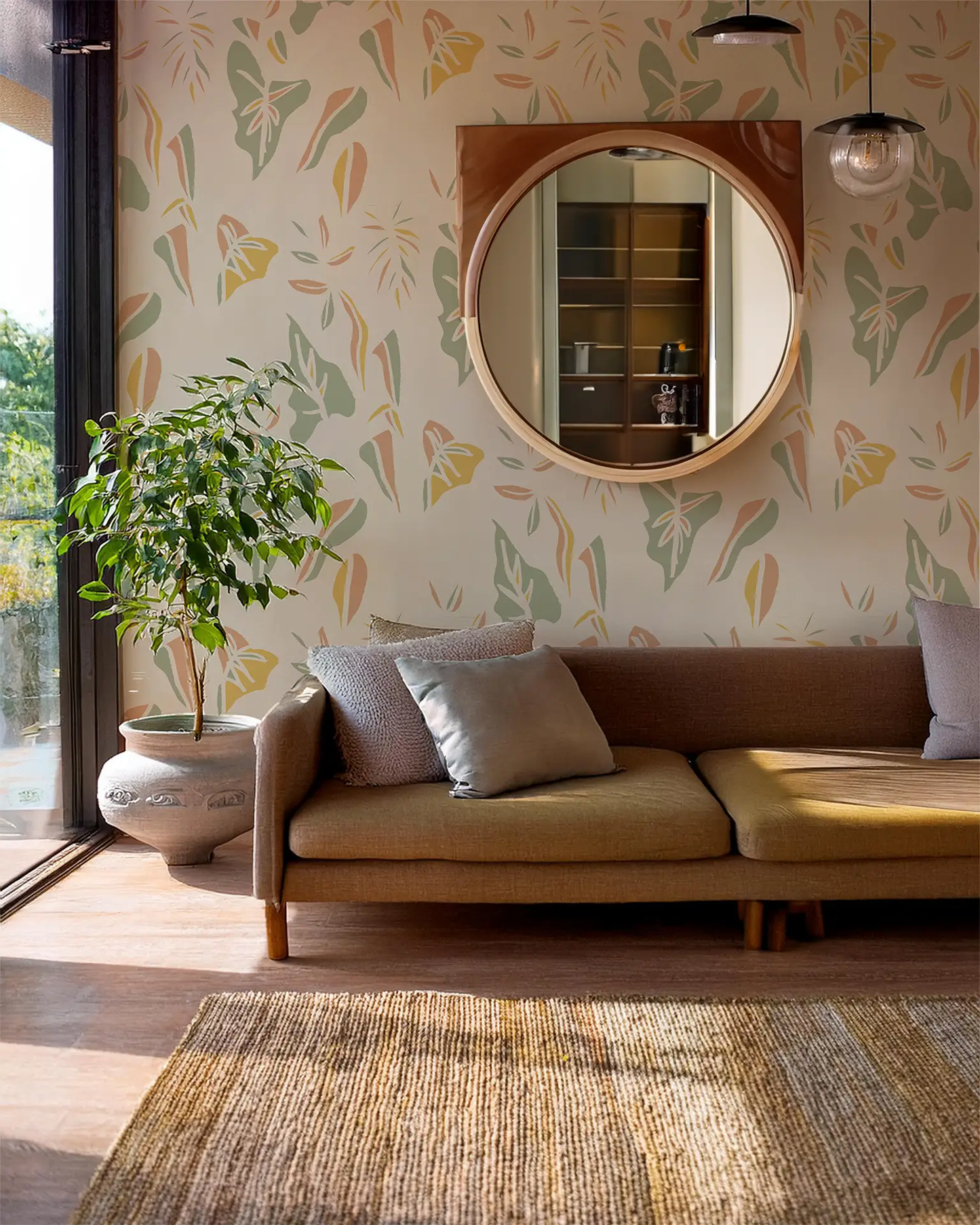 Block Print Foliage Wallpaper tan and mint by Samantha Santana Creative, wallpaper on Tampa Home & Garden Store