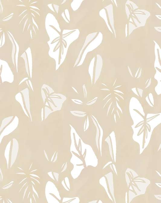 Block Print Foliage Wallpaper tan and off-white by Samantha Santana Creative, wallpaper roll on Tampa Home & Garden Store