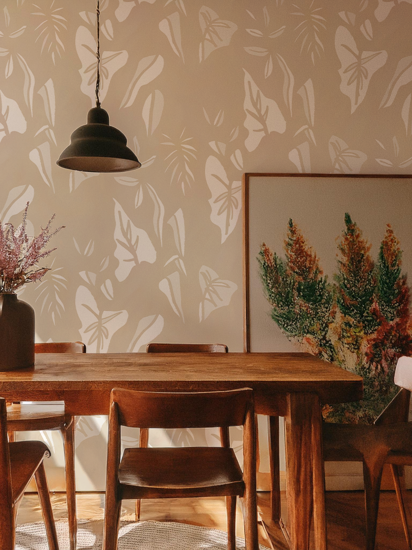 Block Print Foliage Wallpaper, tan and off-white - Tampa Home & Garden Store