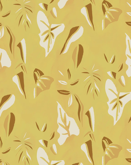 Block Print Foliage Wallpaper yellow with tan and white leaf motifs on Tampa Home & Garden Store