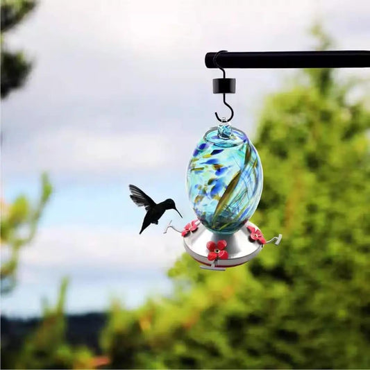 Blue Blown Glass Hummingbird Feeder with Perch and 4 Feeding Ports - Tampa Home & Garden Store