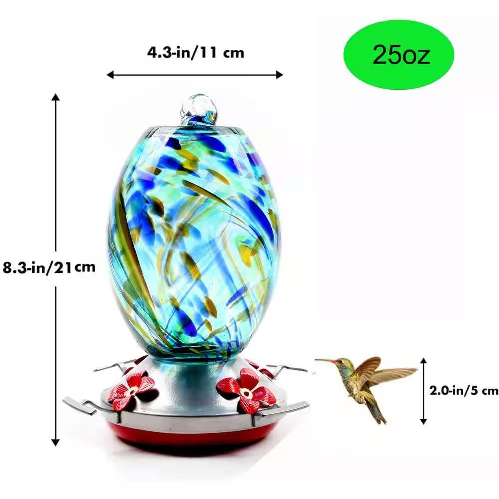 Blue blown glass hummingbird feeder with perch and 4 feeding ports on Tampa Home & Garden Store