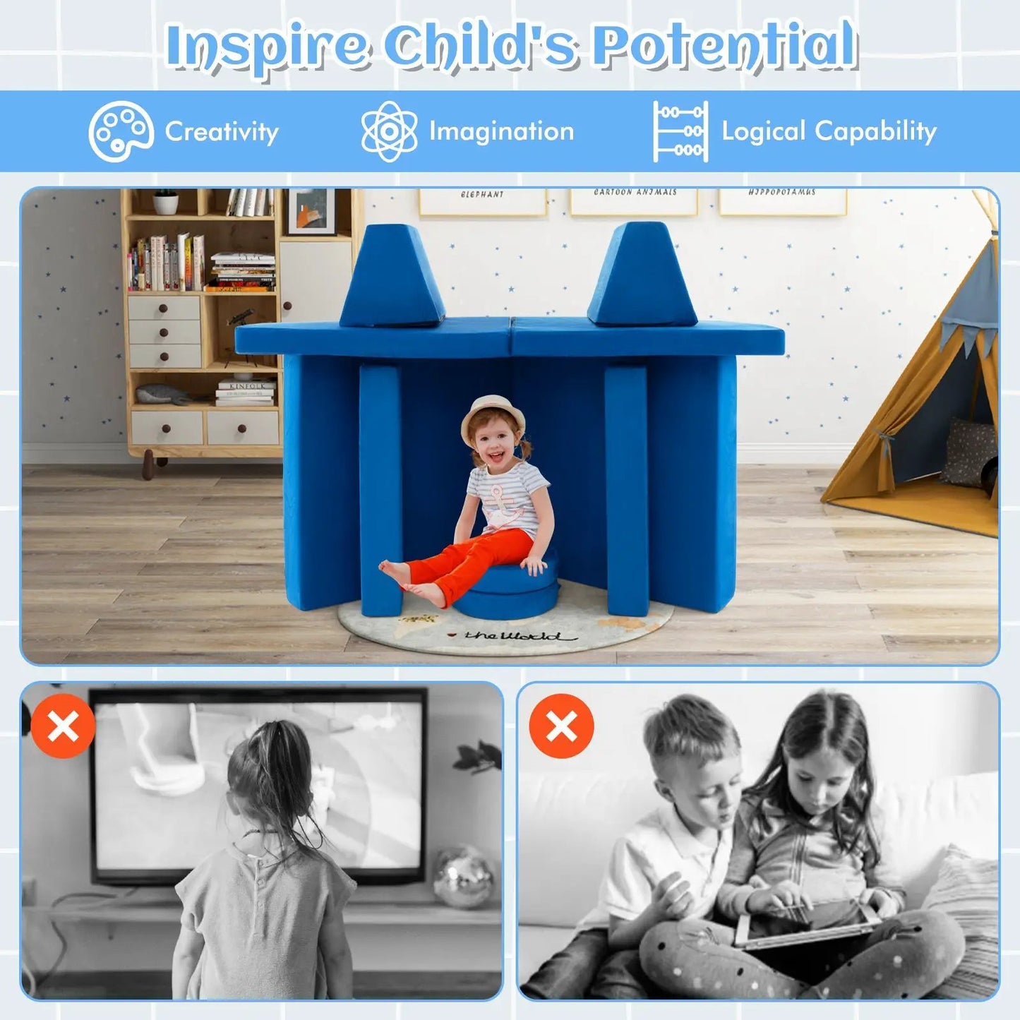 Blue 10-Piece Kids Play Couch with two triangular backrests in a bright playroom on Tampa Home & Garden Store
