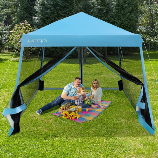 10 x 10 Feet Pop Up Canopy with with Mesh Sidewalls and Roller Bag-Blue - Tampa Home & Garden Store