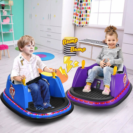 12V electric kids ride-on bumper car with lights by DirectDeals, blue & purple, two kids indoors on Tampa Home & Garden Store