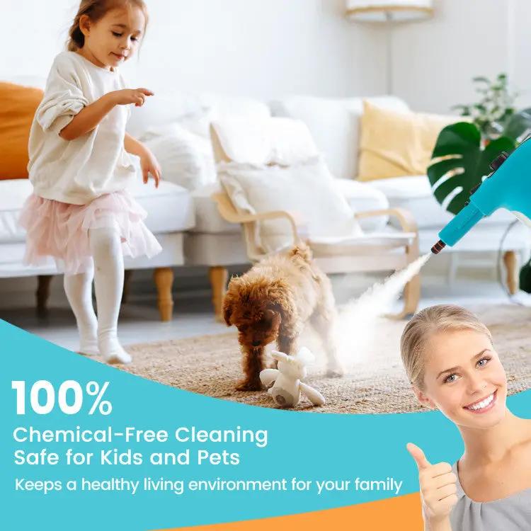 DirectDeals 1400W handheld steam cleaner with 14pc kit turquoise in room with child and dog on Tampa Home & Garden Store