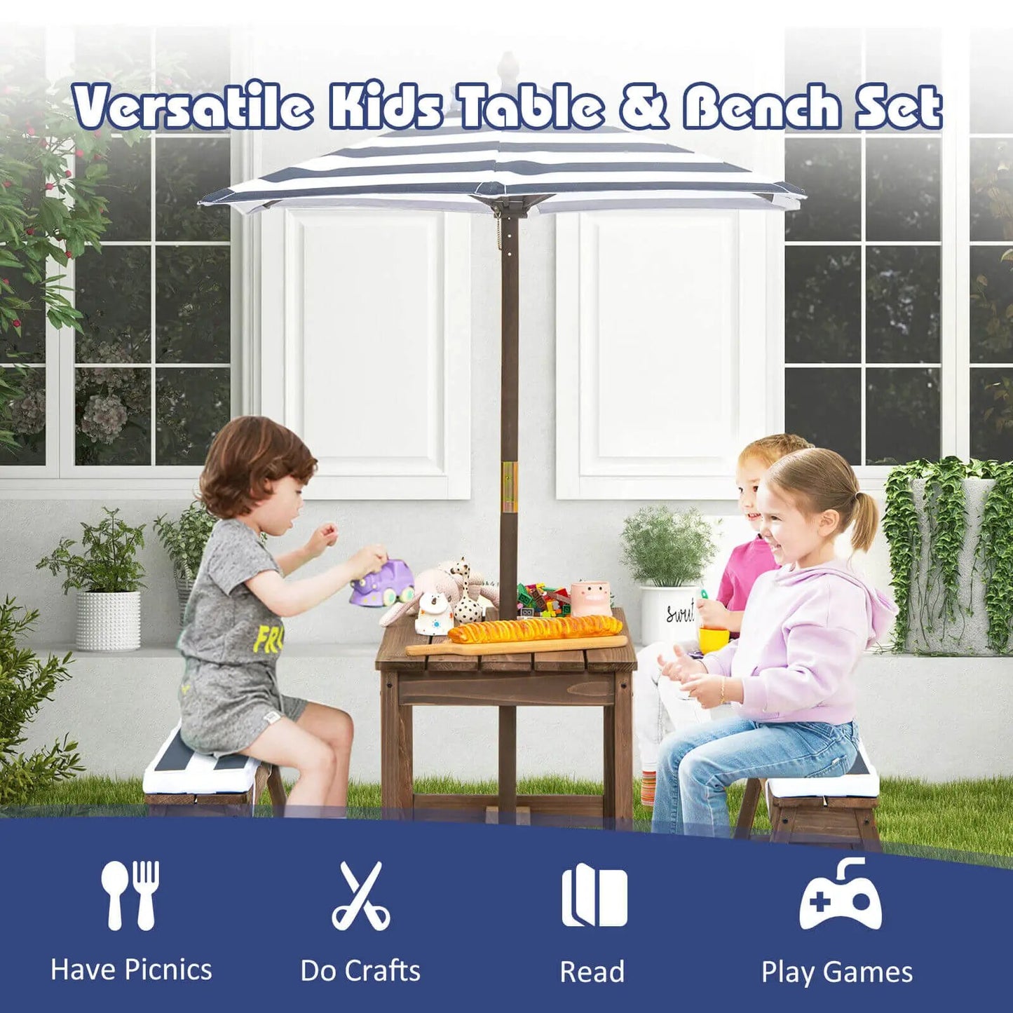 Kids picnic table and bench set with cushions and striped umbrella on Tampa Home & Garden Store