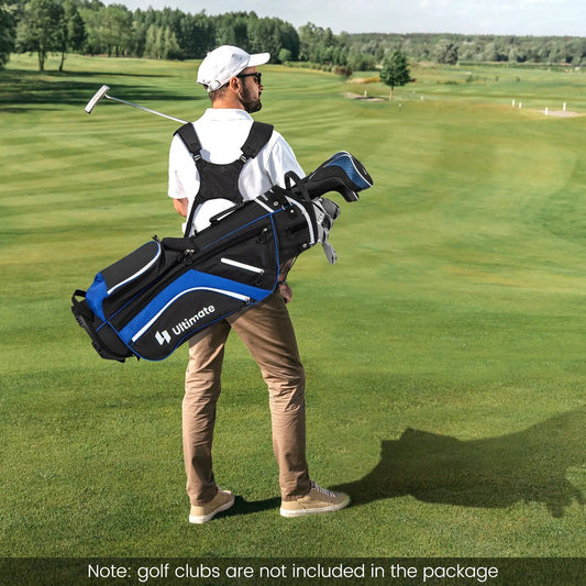 Lightweight golf stand bag with 14way dividers in black and blue Ultimate carried by golfer on Tampa Home & Garden Store