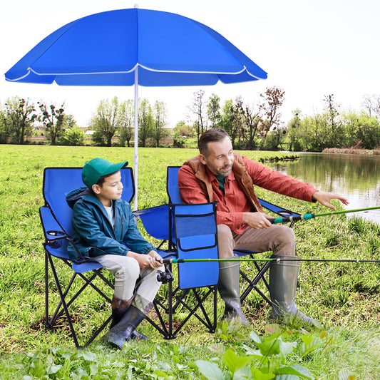 GemGear Portable Folding Picnic Double Chair with two blue seats under umbrella by a pond on Tampa Home & Garden Store