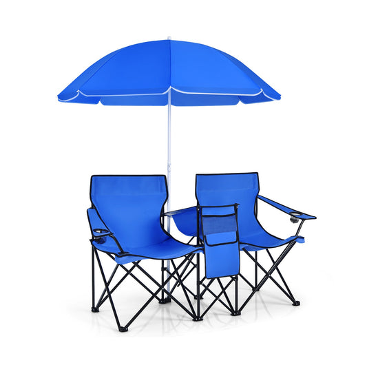Portable Folding Picnic Double Chair with Umbrella-Blue - Tampa Home & Garden Store