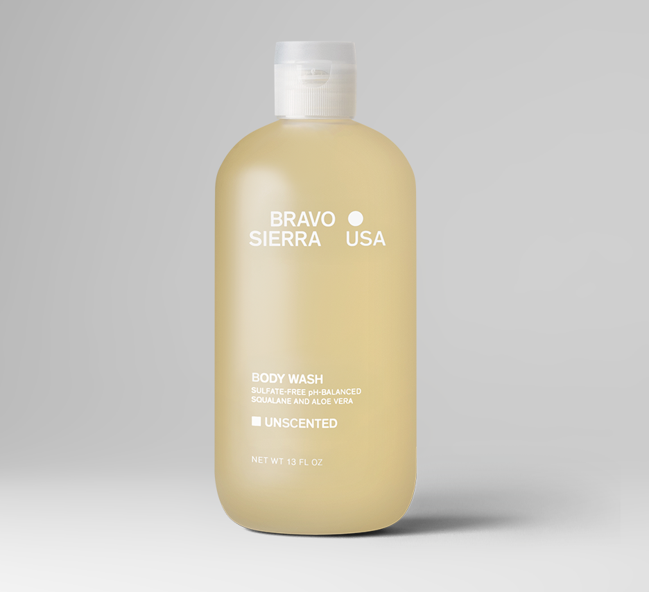 Body wash Bravo Sierra unscented bottle with white cap, pale yellow frosted finish, 13 oz on Tampa Home & Garden Store