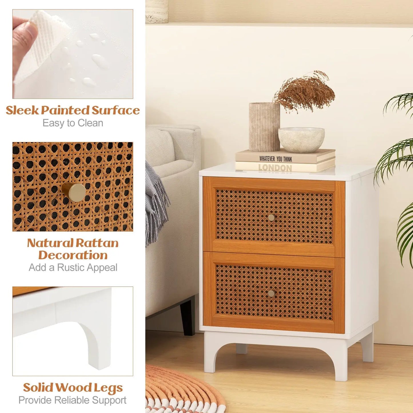 Boho Accent Table Nightstand with 2 Handwoven Rattan Decorated Drawers-White - Tampa Home & Garden Store