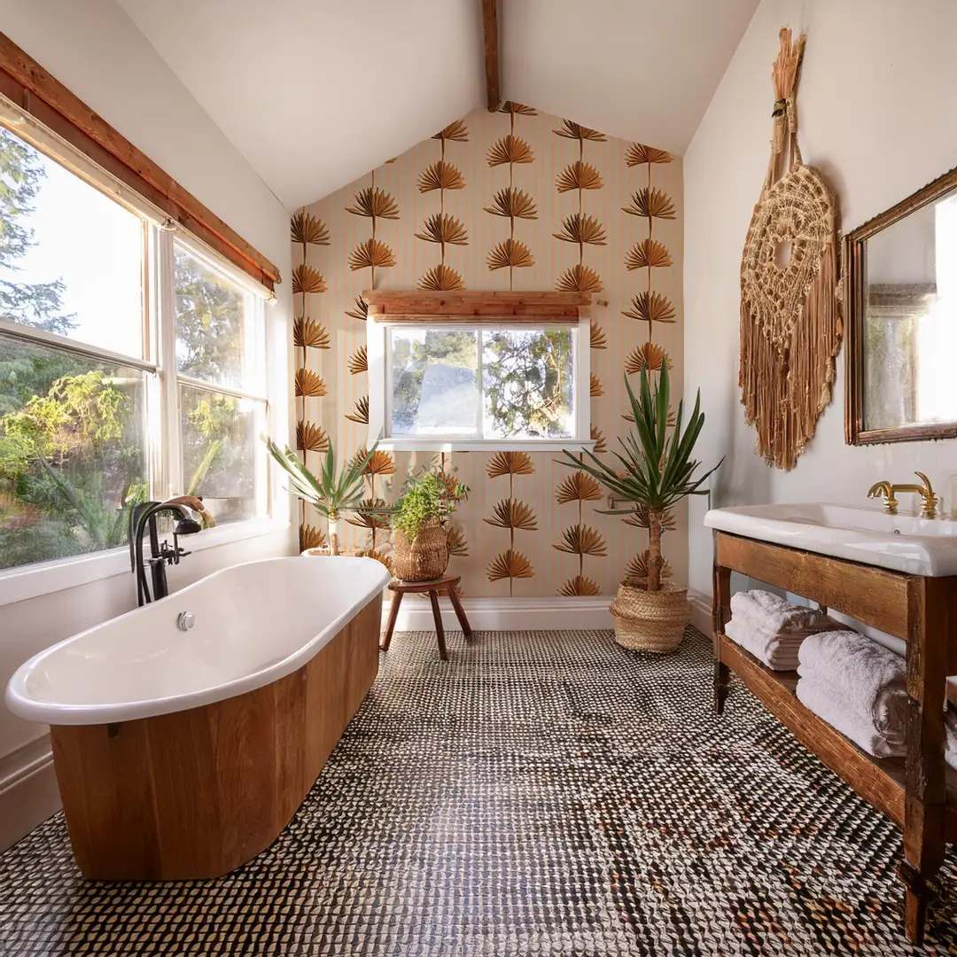 Wallpaper Stripey Palm in neutral peach and mustard by Samantha Santana Creative on Tampa Home & Garden Store