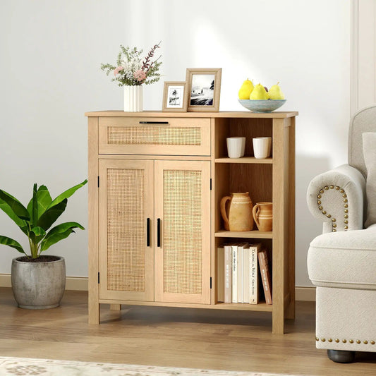 Boho Buffet Sideboard Storage Cabinet with Drawer and Rattan Woven Doors-Natural - Tampa Home & Garden Store