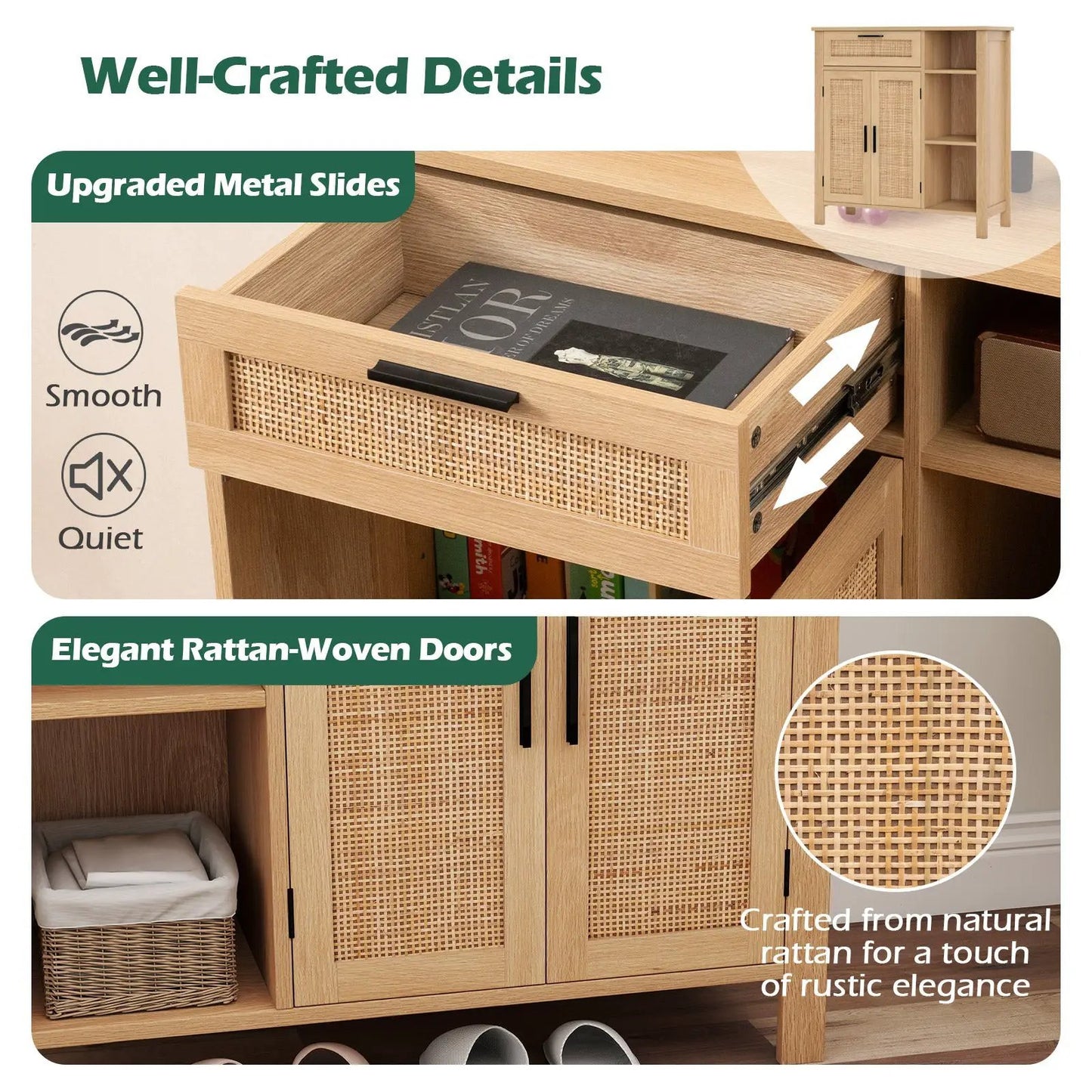 Boho buffet sideboard with drawer and rattan-woven doors, natural wood by DirectDeals on Tampa Home & Garden Store