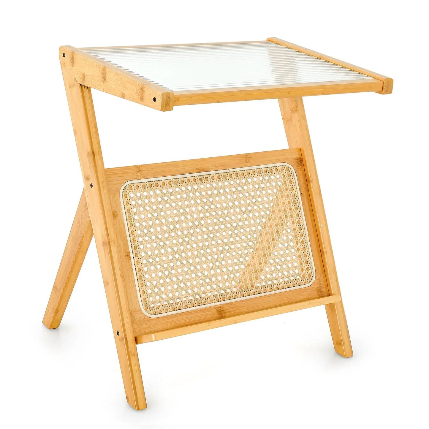 Boho end table with magazine rack, natural bamboo frame and glass top on Tampa Home & Garden Store