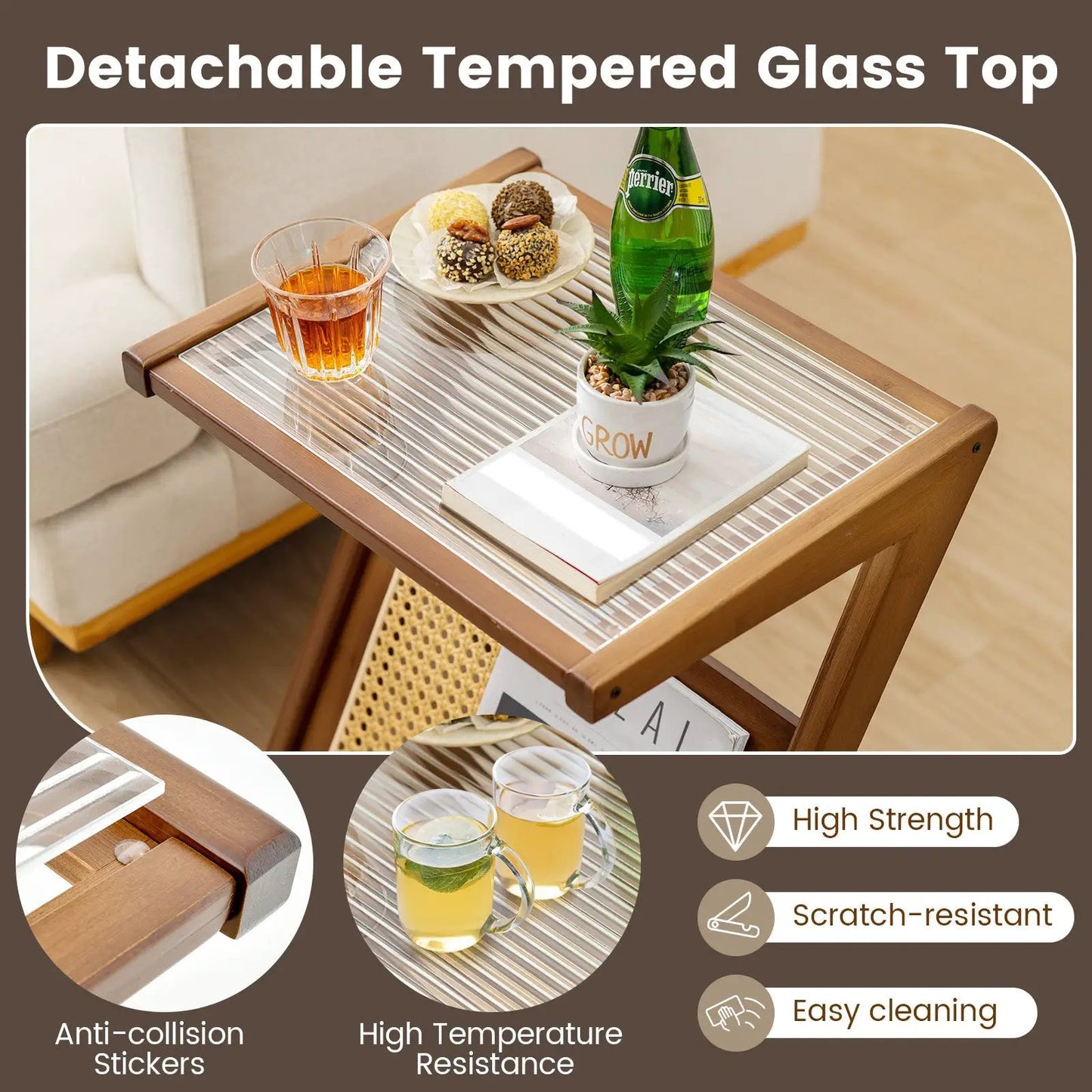 Boho end table with magazine rack and glass top in walnut finish on Tampa Home & Garden Store