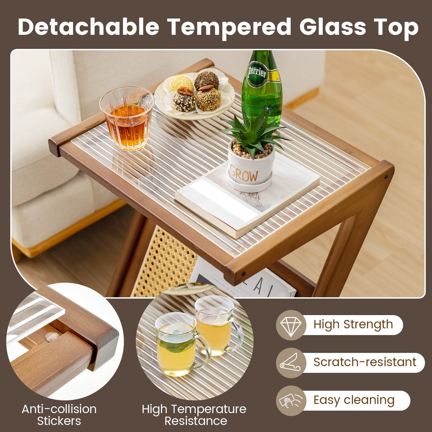 Mesa auxiliar boho con revistero y tapa de cristal templado - Nogal