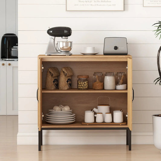 Boho Storage Cabinet with Asymmetrical Pattern Doors for Kitchen-Natural - Tampa Home & Garden Store