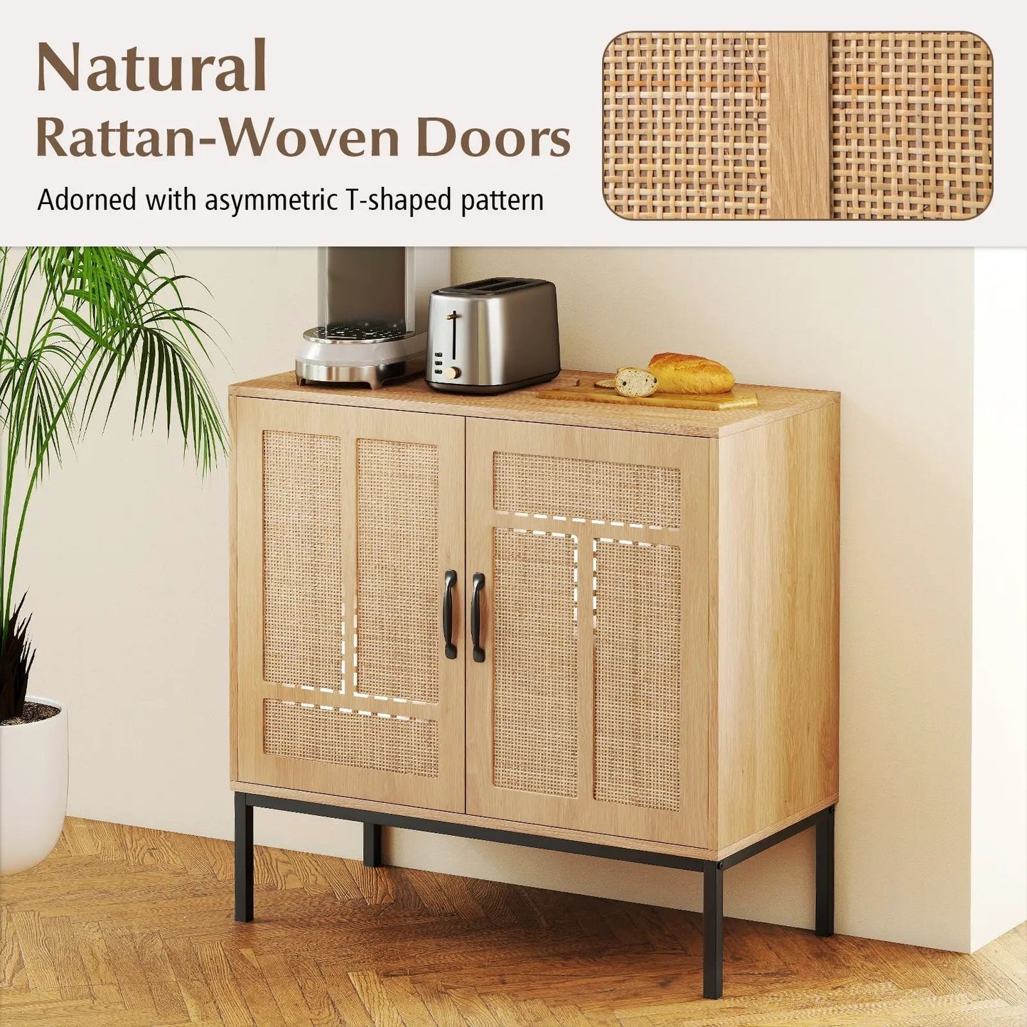 Boho storage cabinet with natural wood finish and asymmetrical rattan-woven double doors on Tampa Home & Garden Store