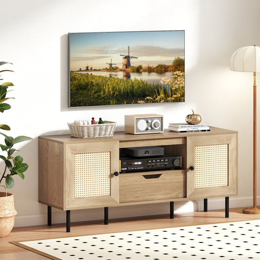 Boho TV Stand for 60 Inch TV Entertainment Center with Cabinets and Storage Shelf-Natural - Tampa Home & Garden Store