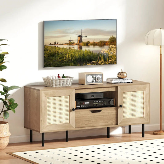 Boho TV Stand for 60 Inch TV Entertainment Center with Cabinets and Storage Shelf-Natural - Tampa Home & Garden Store