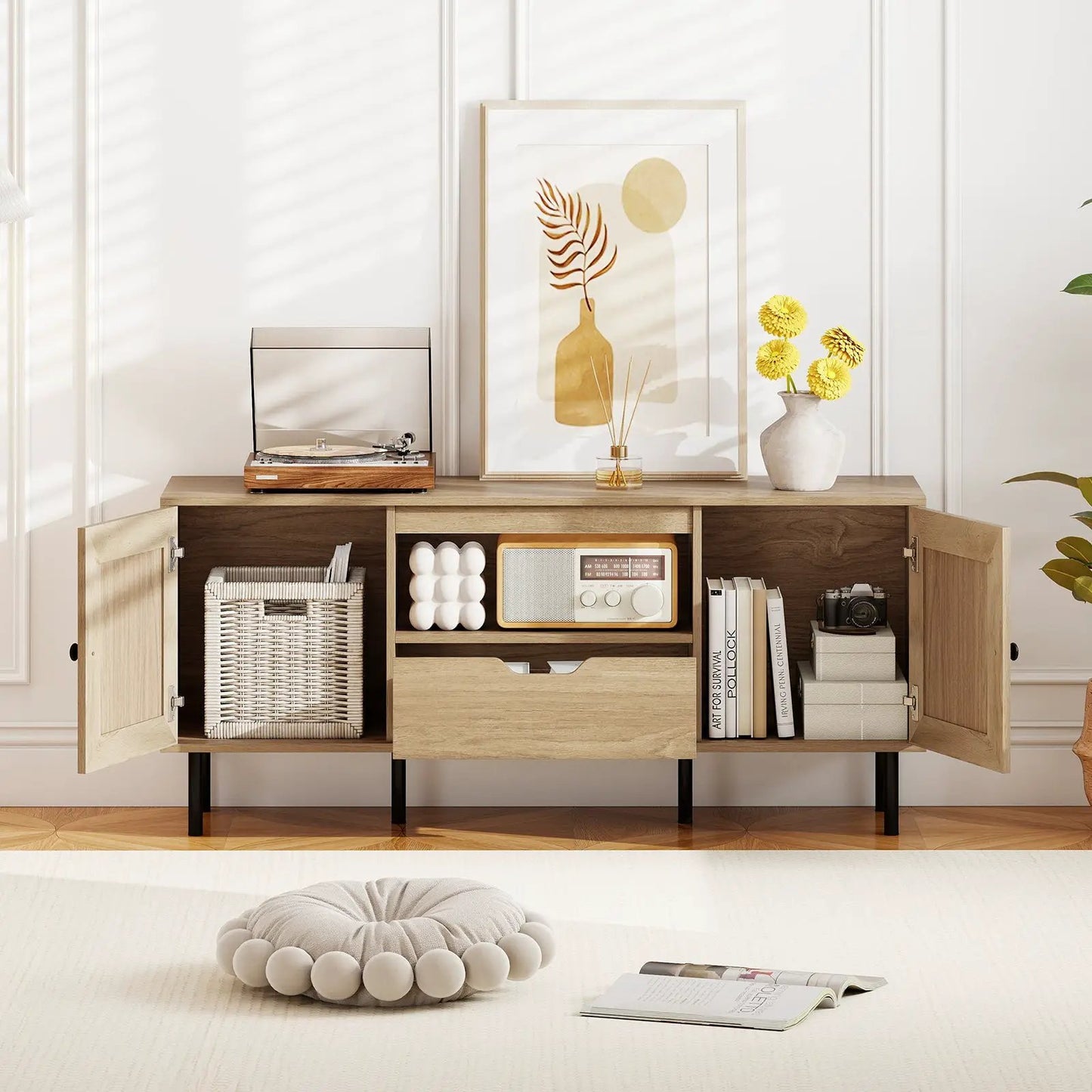 Boho TV Stand 60 Inch with Cabinets, natural wood, open shelves, black metal legs on Tampa Home & Garden Store