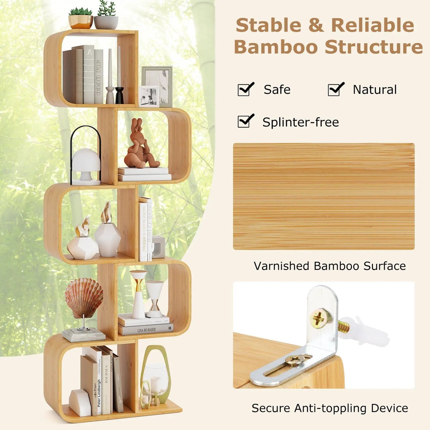 5-Tier S-Shaped Bamboo Bookcase with Open Cubes, Natural Finish, DirectDeals corner shelf on Tampa Home & Garden Store