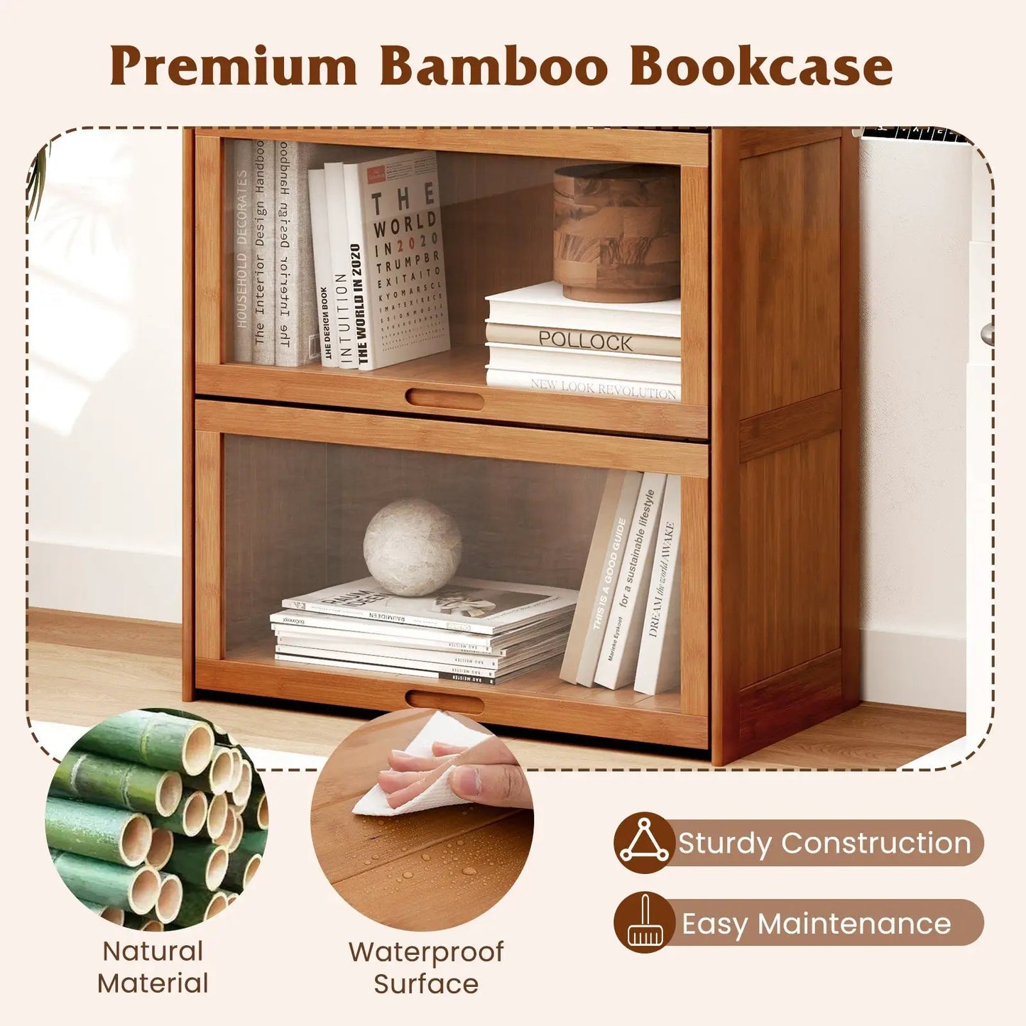 4 Tier Bamboo Bookcase With Doors DirectDeals natural brown for home office on Tampa Home & Garden Store