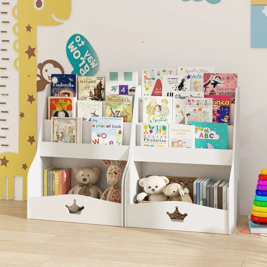 4-Tier Kids Bookshelf for Toddlers in White with crown-cut drawers and open shelves DirectDeals on Tampa Home & Garden Store