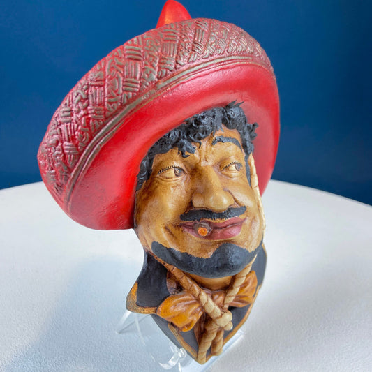 Bosson Like Chalkware Head of Pancho Villa. Life Like Caricature of Spanish Man in Red Sombrero. Ethnic Wall Hanging. Collectible Bust. - Tampa Home & Garden Store