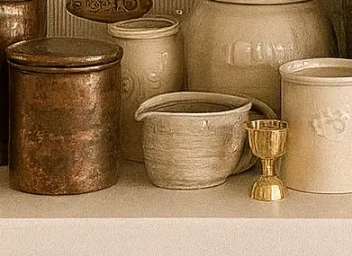 Brass double-sided cocktail jigger with gleaming finish among rustic canisters on Tampa Home & Garden Store