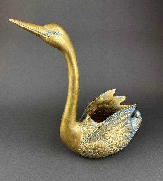 Brass Swan Planter with curved neck and open herb bowl, gold finish, Anything Discovered decor on Tampa Home & Garden Store