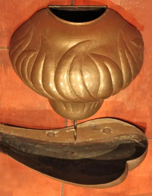 Brass Water Lavabo wall hanging fountain with faucet, antique finish and carved leaf motif on Tampa Home & Garden Store