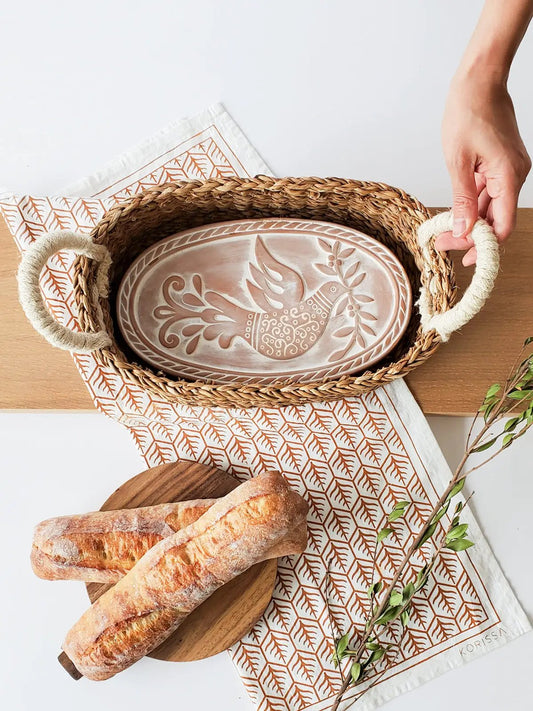 Bread Warmer & Basket Gift Set with Tea Towel, terracotta ceramic warmer in basket Korissa towel on Tampa Home & Garden Store