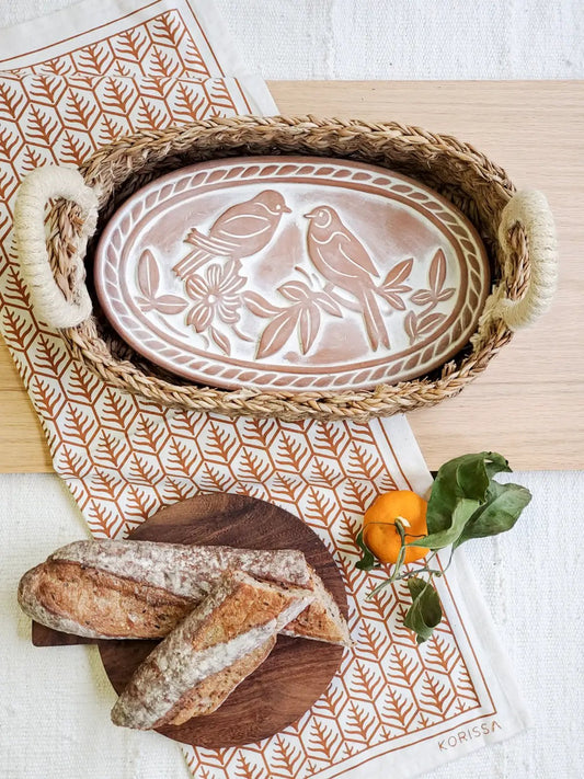 Bread Warmer Gift Set in woven basket with Tea Towel; Lovebird warmer ceramic by KORISSA on Tampa Home & Garden Store